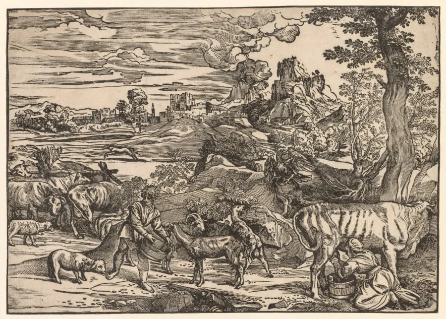 Landscape with a Milkmaid, by Niccolo Boldrini, 1525