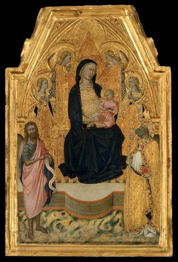Virgin and Child Enthroned with a Bishop Saint, Saint John the Baptist, and Four Angels, by Niccolò di Buonaccorso, tempera
