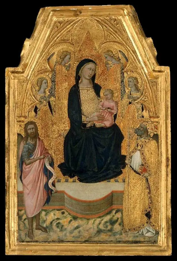 Virgin and Child Enthroned with a Bishop Saint, Saint John the Baptist, and Four Angels, by Niccolò di Buonaccorso