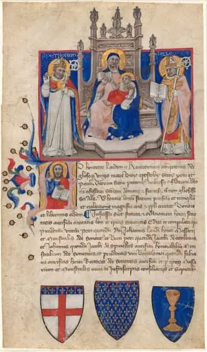 Madonna and Child Enthroned between Saints Petronius and Alle (Eligius); Christ in the Initial A, by Niccolò di Giacomo da Bologna