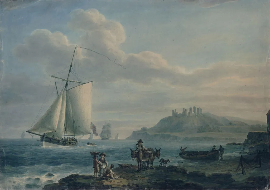 Llanstephan Castle, Coast of Carmarthenshire, by Nicholas Pocock, watercolor, 1760