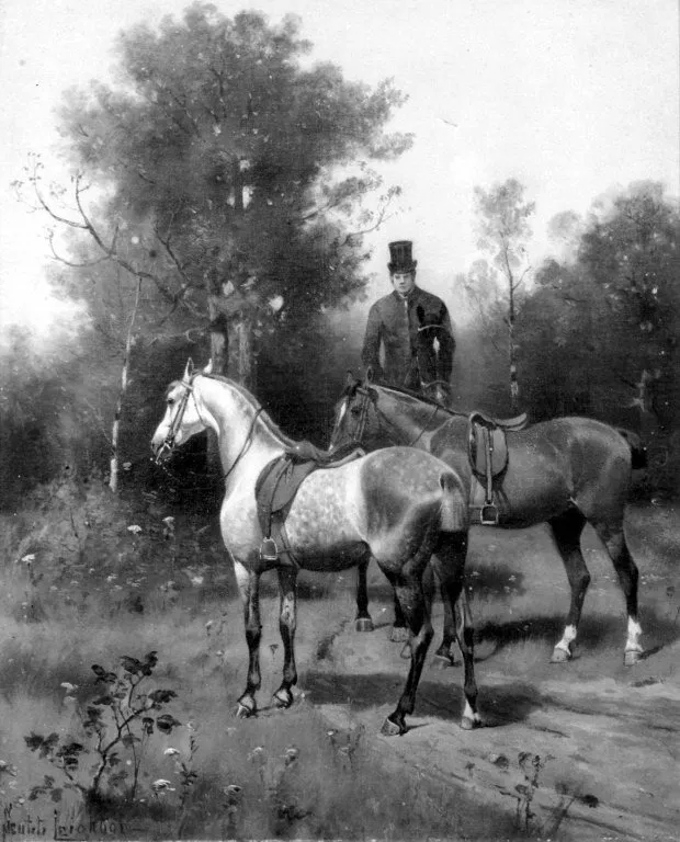 Horses and Mounted Groom, by Nicholas Winfield Scott Leighton, oil, 1896