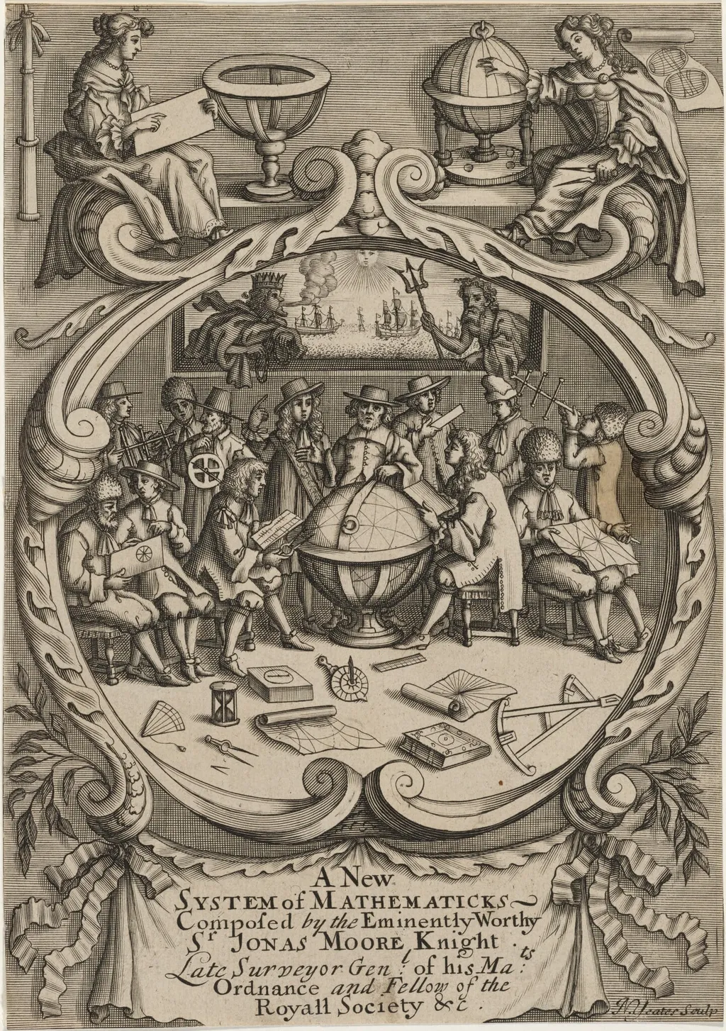 Title Page to A New System of Mathematicks, Composed by Sir Jonas Moore, Knight, by Nicholas Yeates, ink, 1670