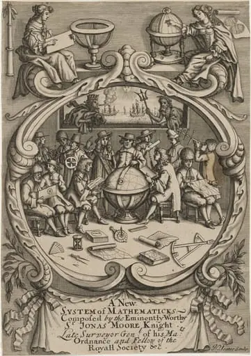 Title Page to A New System of Mathematicks, Composed by Sir Jonas Moore, Knight, by Nicholas Yeates