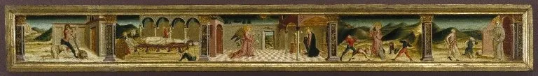 Predella with Annunciation and Scenes from the Lives of Four Saints, by Nicola di Maestro Antonio d'Ancona, tempera, 1489