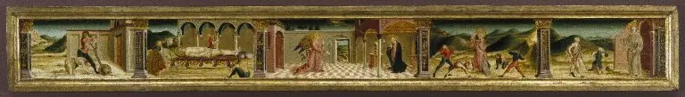 Predella with Annunciation and Scenes from the Lives of Four Saints, by Nicola di Maestro Antonio d'Ancona