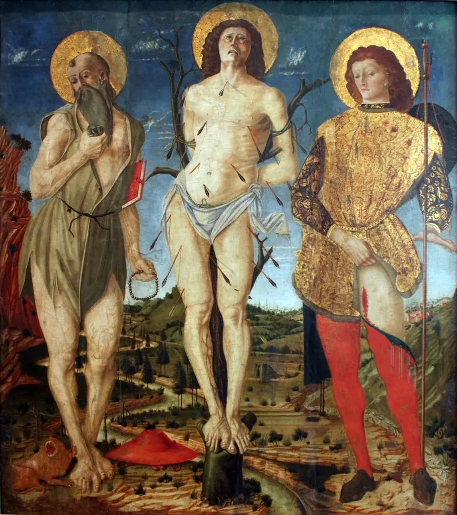 The St. Jerome, Sebastian and Rochus, by Nicola di Maestro Antonio d'Ancona