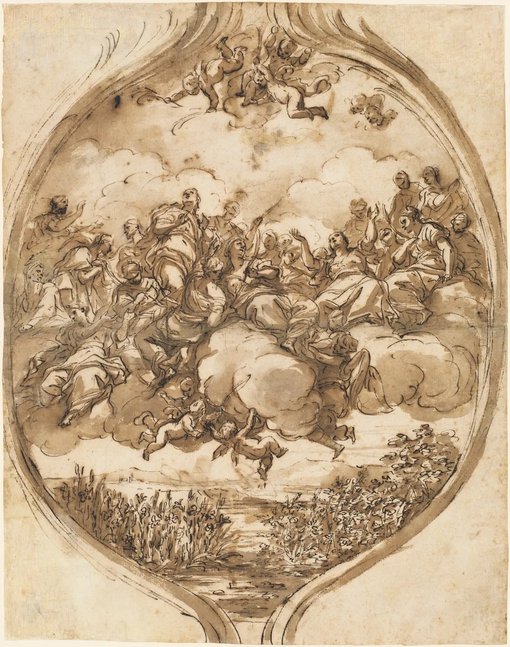 Cloud-Borne Saints above a Lake, by Nicola Malinconico, ink