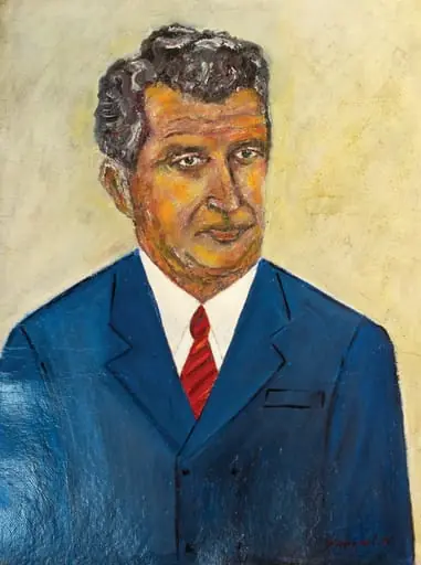 Tablou, ulei pe carton,”Nicolae Ceaușescu”, semnat în pertea dreaptă jos Savopol N., nedatat. Oferit cadou de autor, Nicola Savopol, lui Nicolae Ceaușescu cu ocazia zilei de naștere, București., by Nicola Savopol