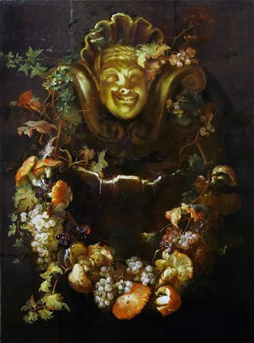 Still life with fountain and garland of flowers and fruit, by Nicola van Houbraken, oil, 1720