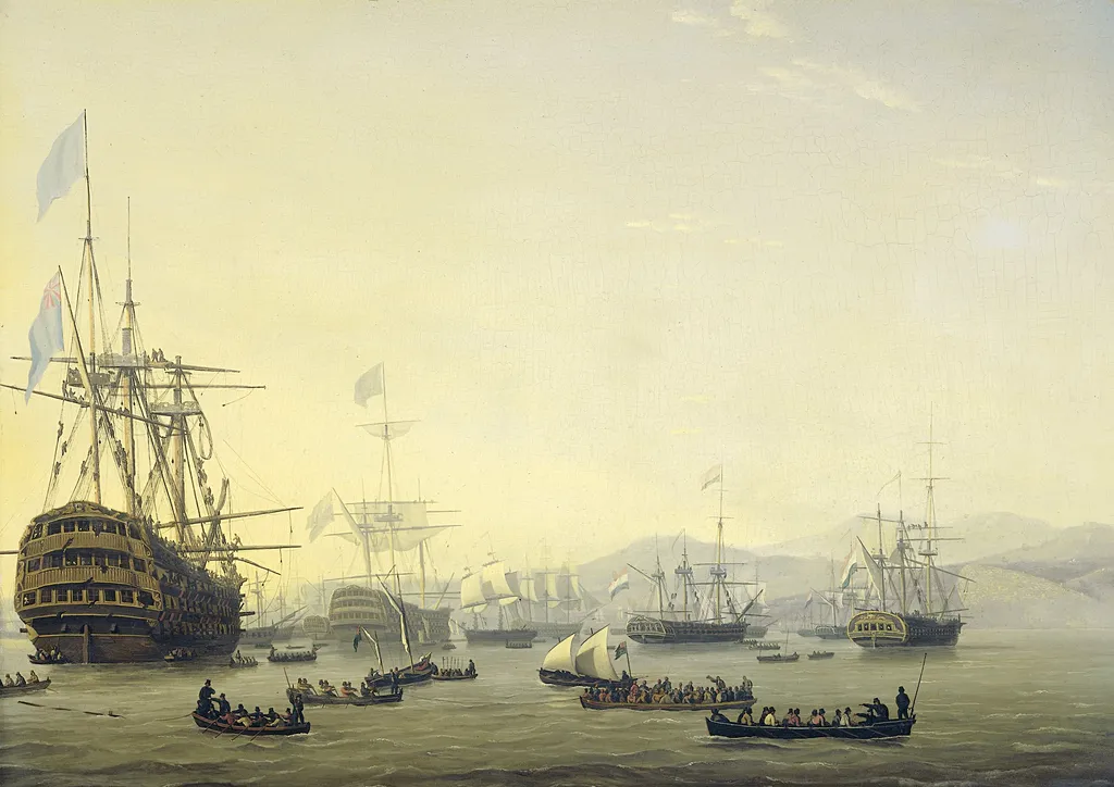 Council of War on board the 'Queen Charlotte', commanded by Lord Exmouth, prior to the Bombardment of Algiers, 26 August 1816, by Nicolaas Baur, oil, 1818