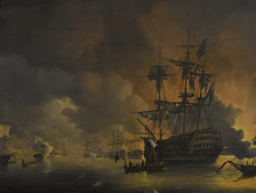 The fire on the Wharves of Algiers, shortly after the commencement of the Bombardment by the Anglo-Dutch Fleet, 27 August 1816, by Nicolaas Baur, oil, 1818