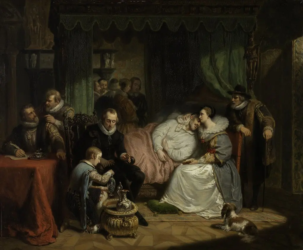Prince William I after the failed Assassination Attempt by Jean Jaurequi in 1582, Nursed by Charlotte de Bourbon, by Nicolaas Pieneman