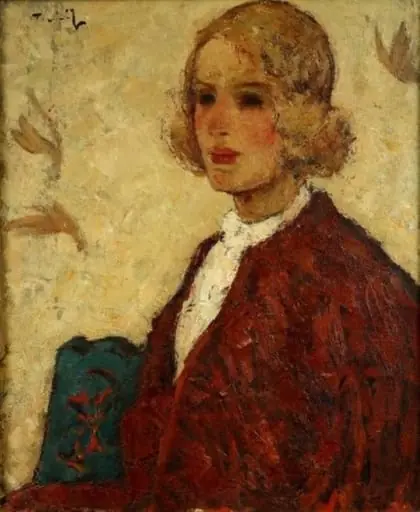 Fată în roșu (Studiu pentru panoul Splin, Chip din Sâmbăta de Sus), by Nicolae Tonitza, 1925