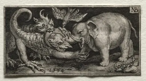 Elephant Fighting two Beasts, by Nicolaes de Bruyn
