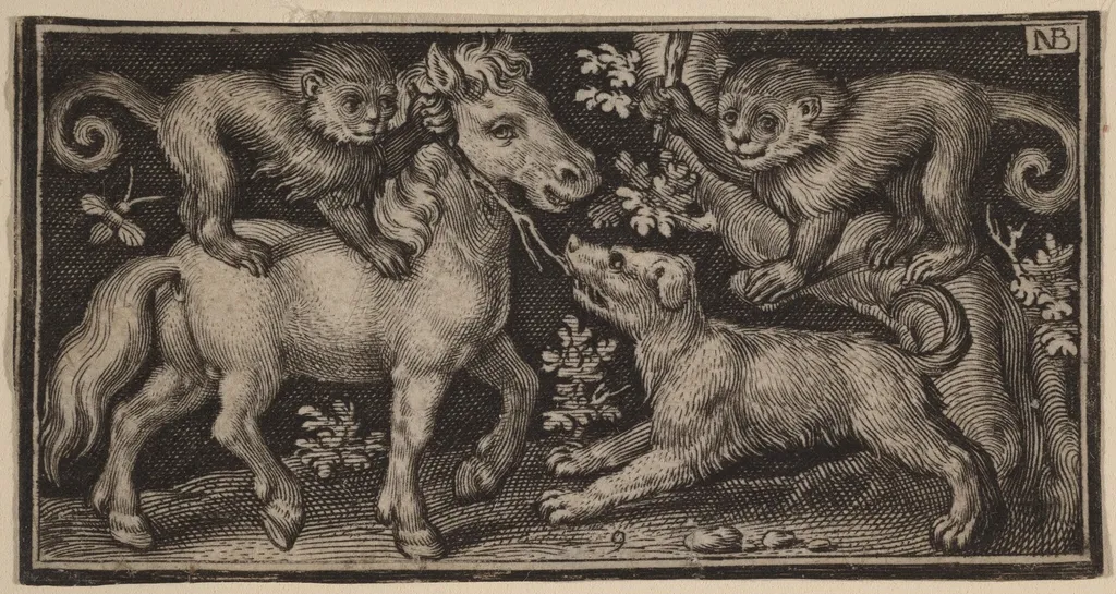 Horse with Two Monkeys and a Dog, by Nicolaes de Bruyn, ink, 1594