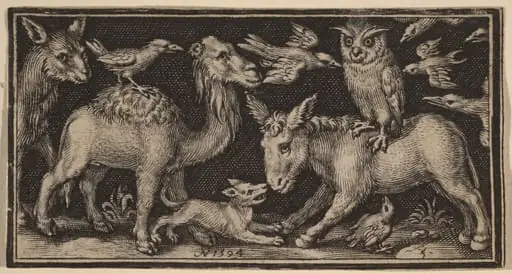Owl on Back of Donkey, Bird on Back of Camel with Other Animals, by Nicolaes de Bruyn