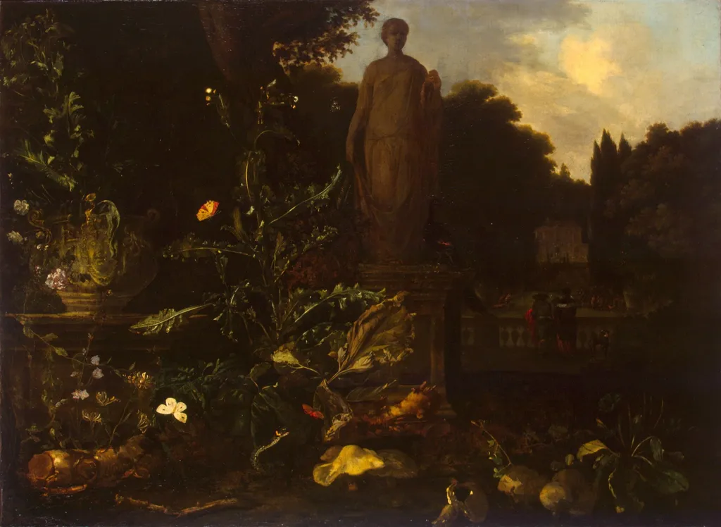 Statue in a Park, by Nicolaes de Vree, oil, 1689