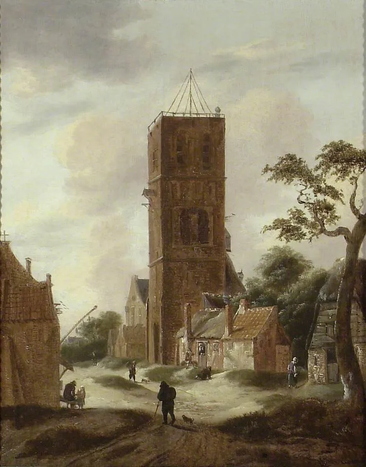 A Village Street with a Church Tower, by Nicolaes Hals, oil, 1667