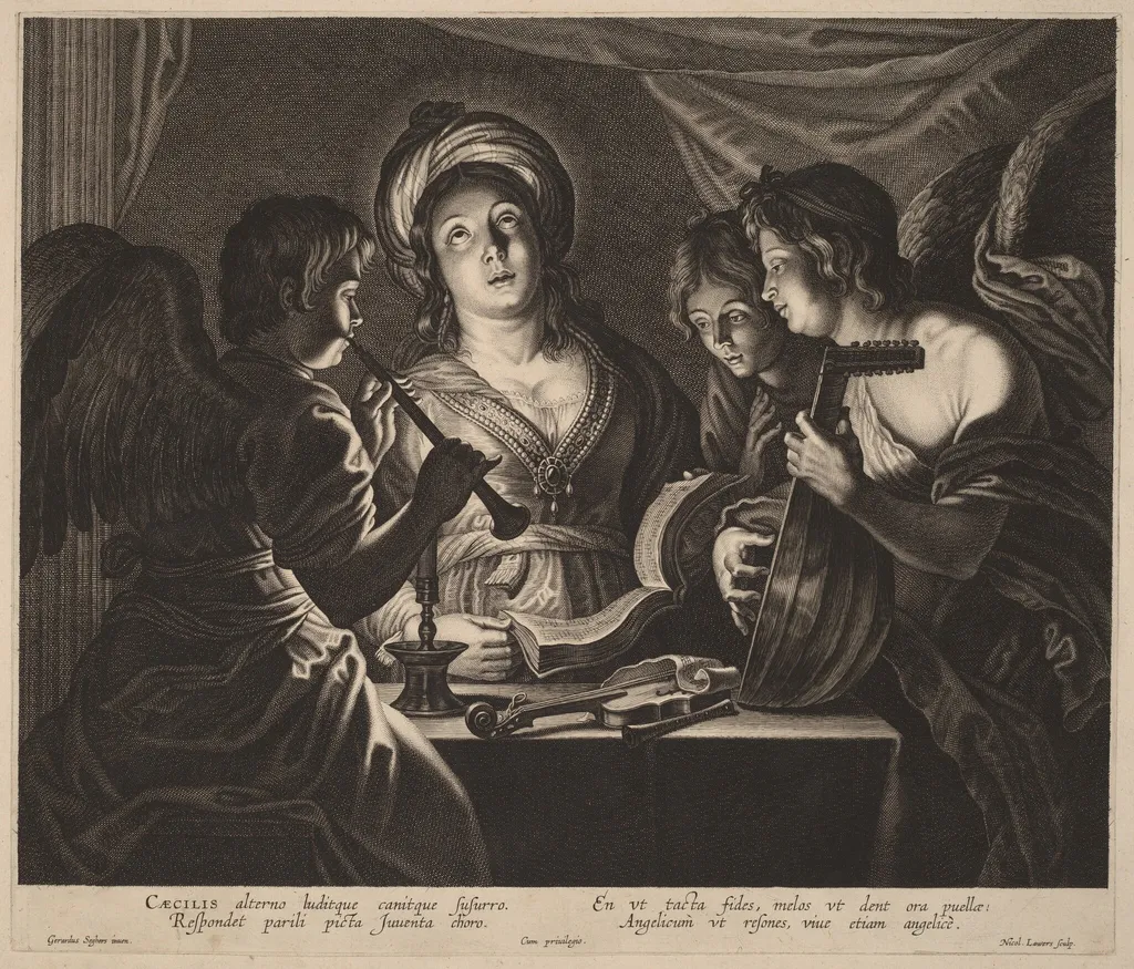 Saint Cecilia Accompanied by Heavenly Musicians, by Nicolaes Lauwers, ink, 1626