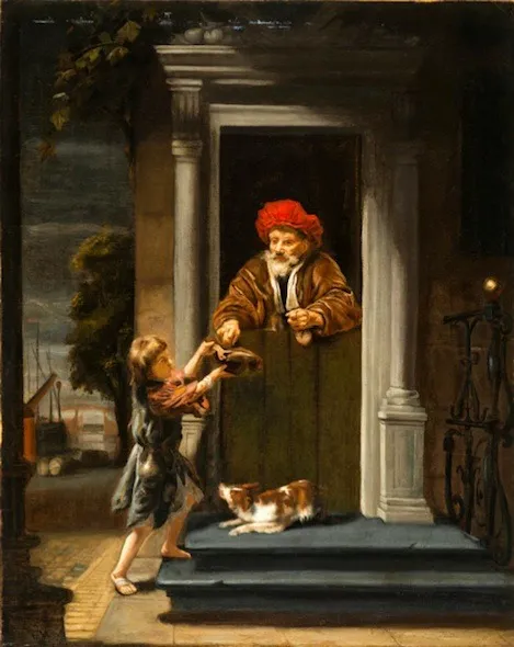 An Old Man Giving Alms to a Beggar, by Nicolaes Maes, oil, 1656