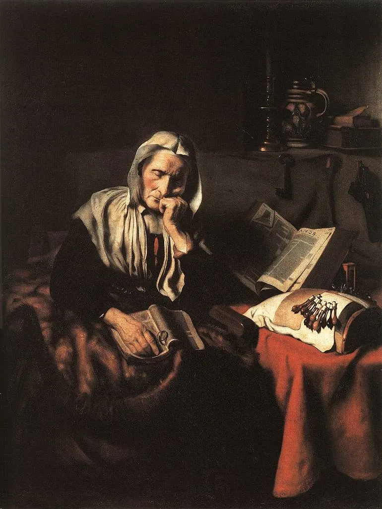 An Old Woman Dozing, by Nicolaes Maes, oil, 1656
