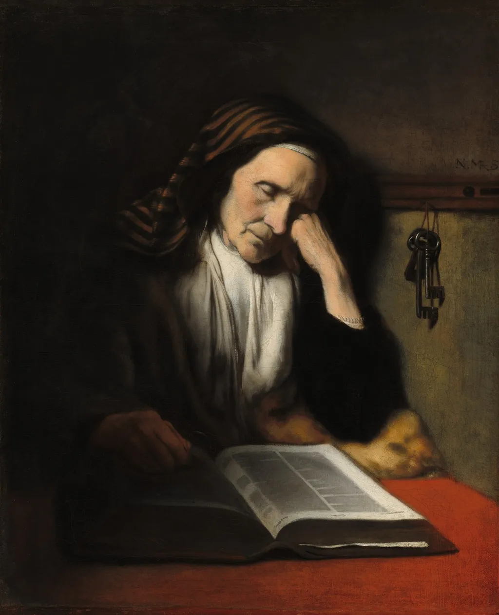 An Old Woman Dozing over a Book, by Nicolaes Maes, oil, 1655