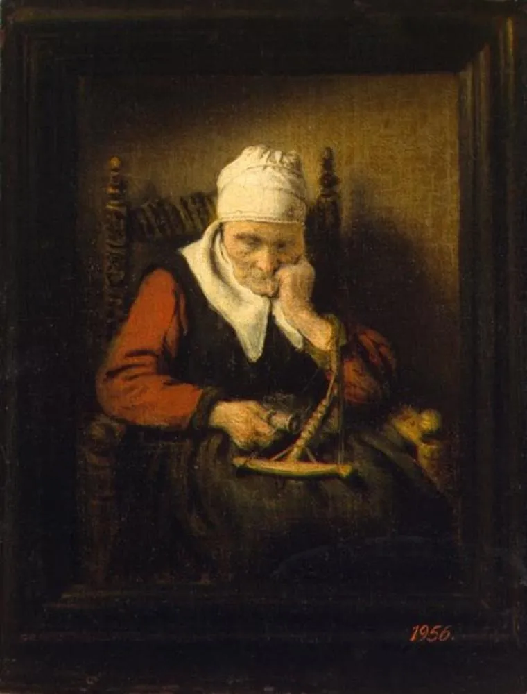 Old Woman Spinning, by Nicolaes Maes, oil, 1658