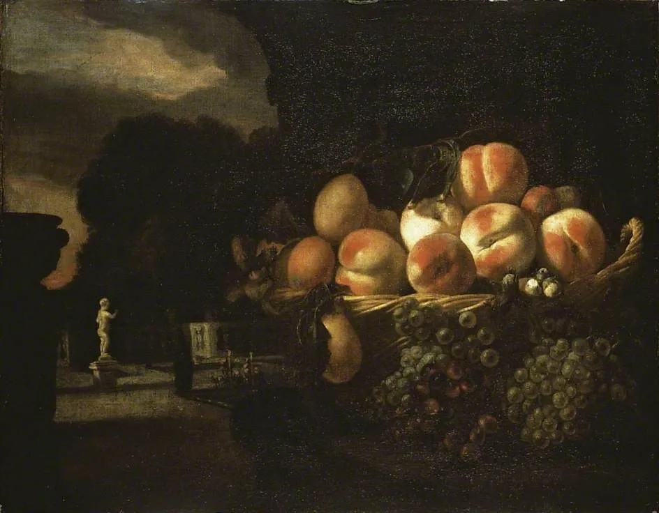Still Life of Fruit in a formal Garden, by Nicolaes Maes, oil, 1673