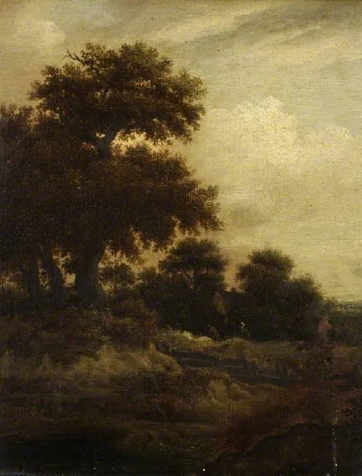 Landscape with sportsmen, by Nicolaes Molenaer, oil, 1661