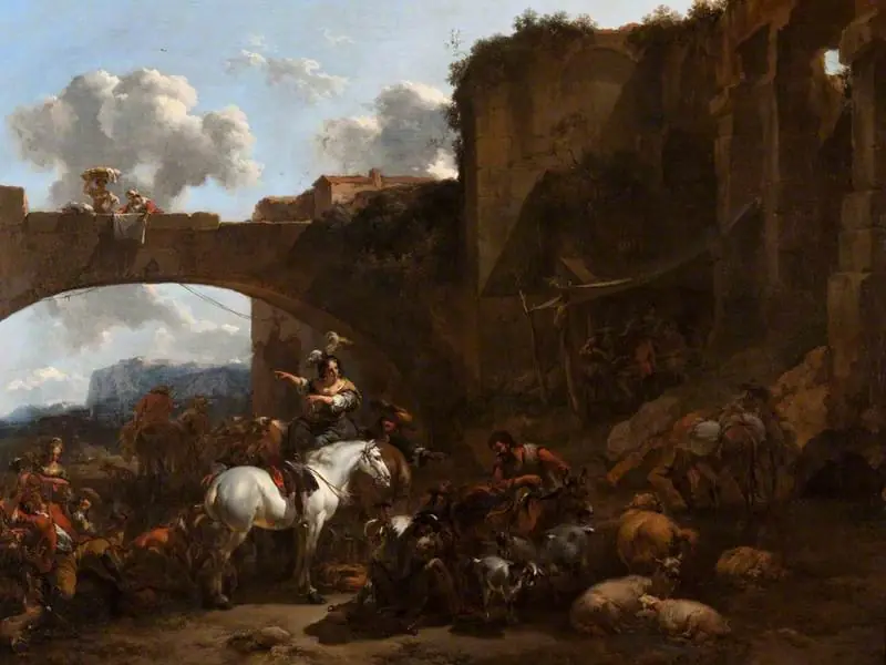 A Country Gathering by a Bridge, by Nicolaes Pieterszoon Berchem