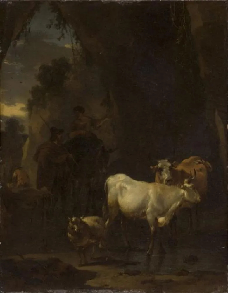 A Shepherd and a Shepherdess with Animals, by Nicolaes Pieterszoon Berchem, oil, 1660