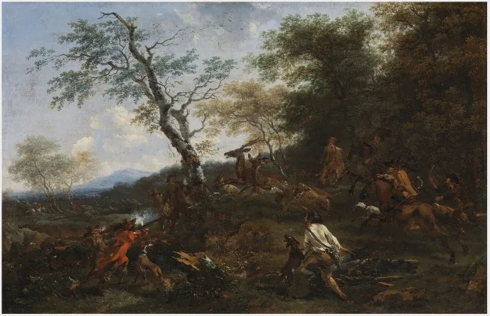 A Stag Hunt, by Nicolaes Pieterszoon Berchem, oil, 1657