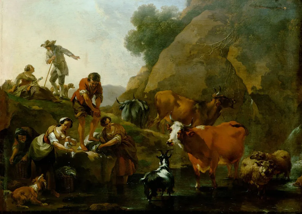 Cow herds and washing women near the water, by Nicolaes Pieterszoon Berchem, oil