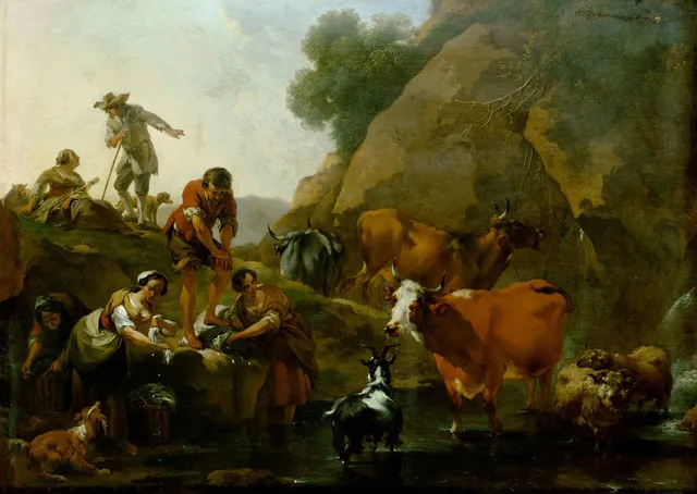 Cow herds and washing women near the water