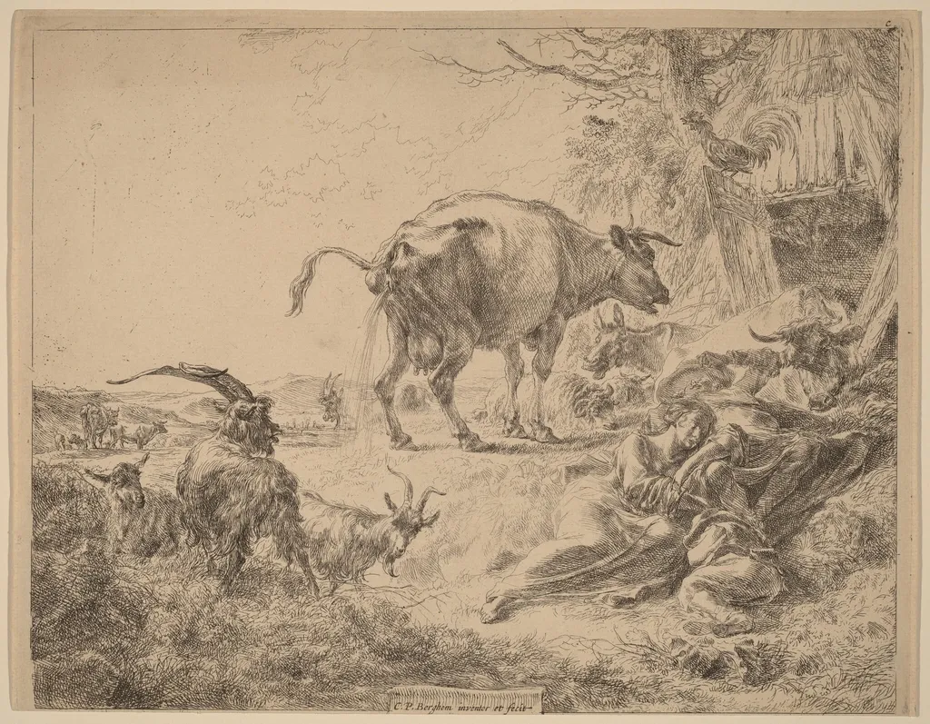 Cow Pissing, by Nicolaes Pieterszoon Berchem, ink, 1652