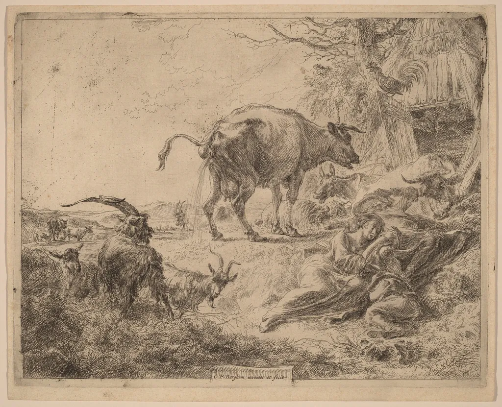 Cow Pissing, by Nicolaes Pieterszoon Berchem, ink, 1652