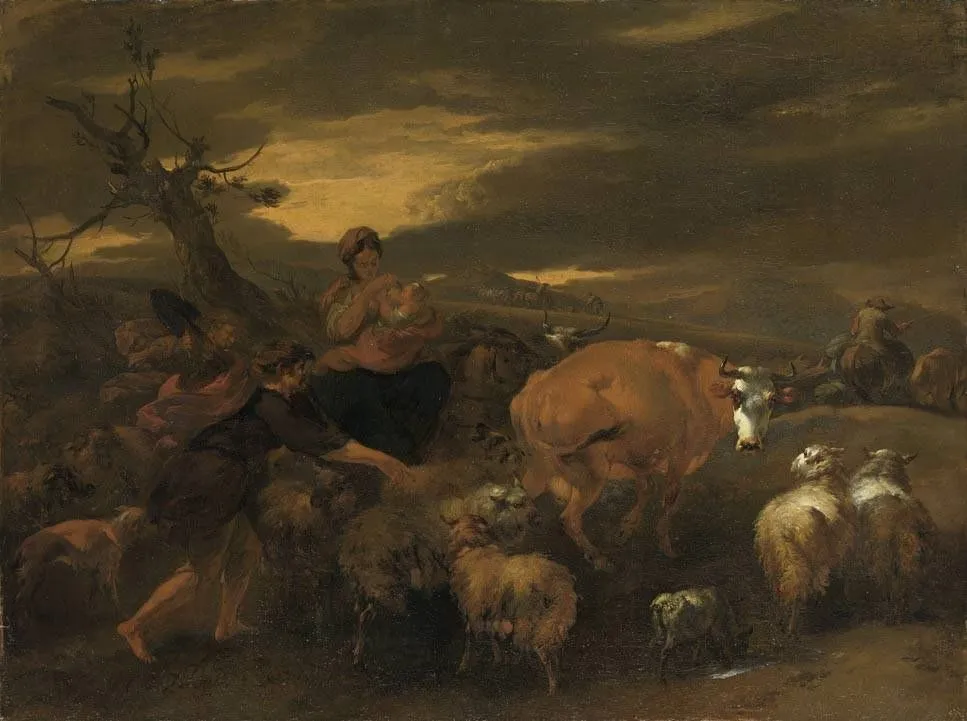 Evening landscape with cattle and shepherds, by Nicolaes Pieterszoon Berchem, oil, 1652