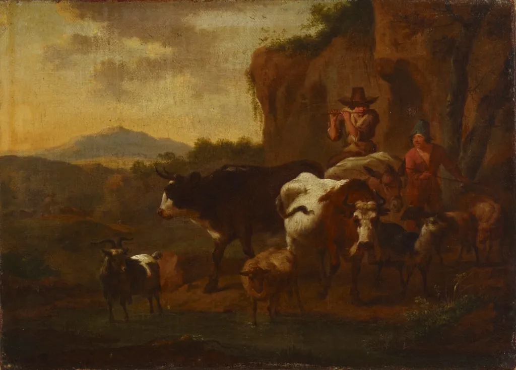 Huilua soittava paimen ja karjaa, by Nicolaes Pieterszoon Berchem, unspecified, 1661