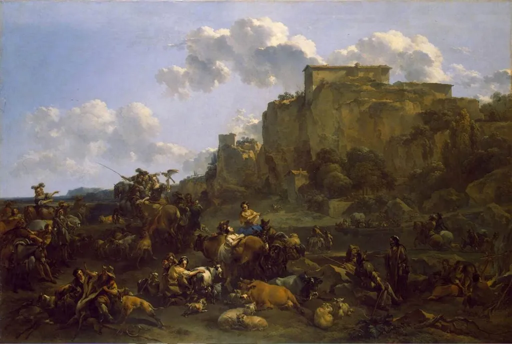 Hunters Resting, by Nicolaes Pieterszoon Berchem, oil, 1660