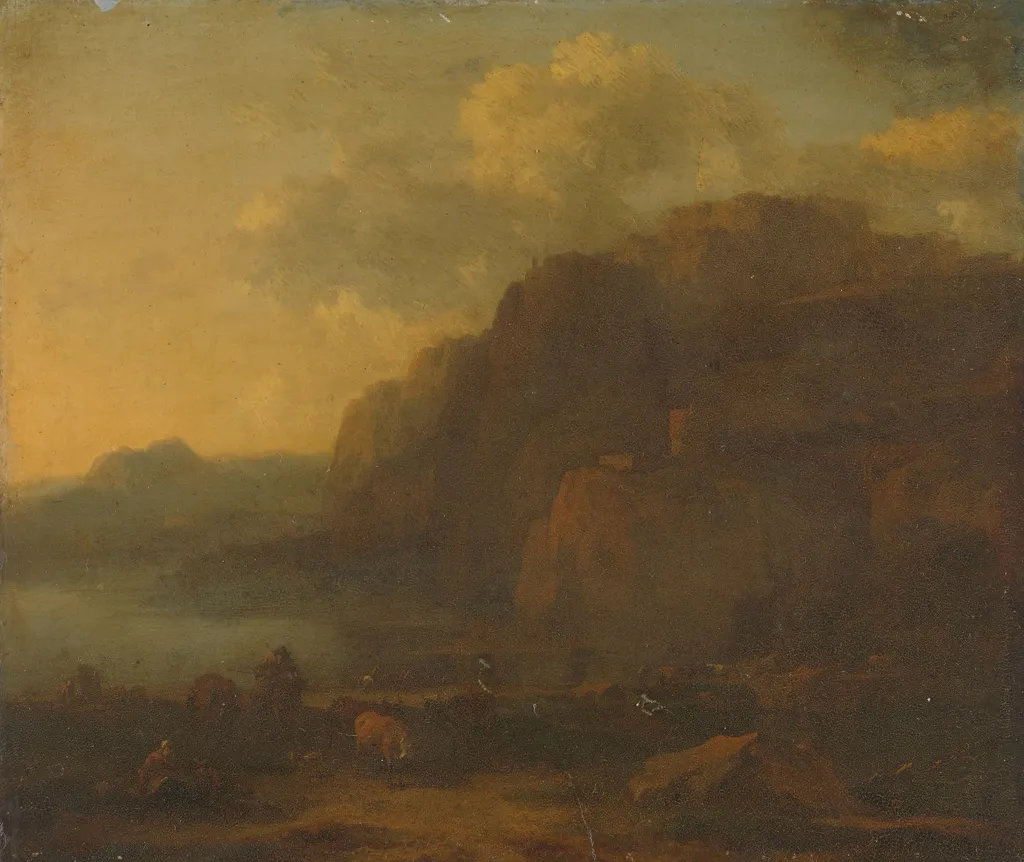 Italian landscape, by Nicolaes Pieterszoon Berchem, oil, 1666