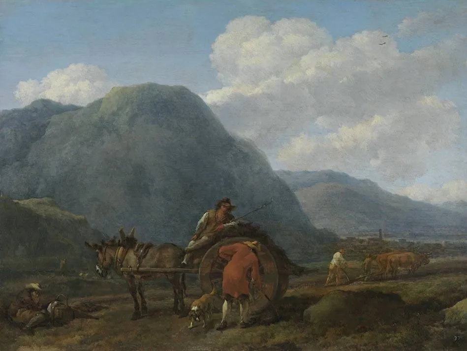 Italianate landscape with donkey cart, by Nicolaes Pieterszoon Berchem, oil, 1655