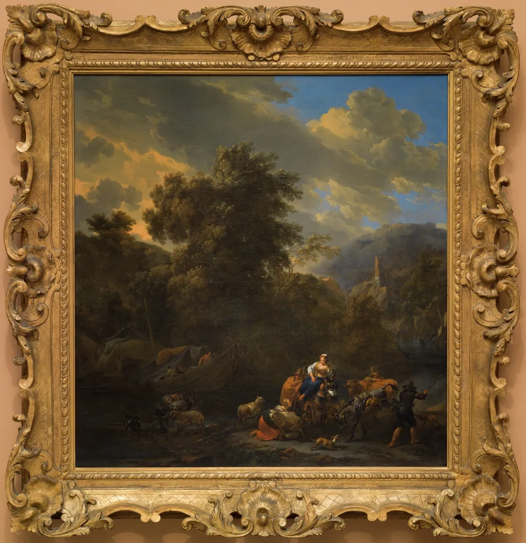 Italianate Landscape with Figures and Pack Animals on the Banks of a River, by Nicolaes Pieterszoon Berchem, oil, 1620