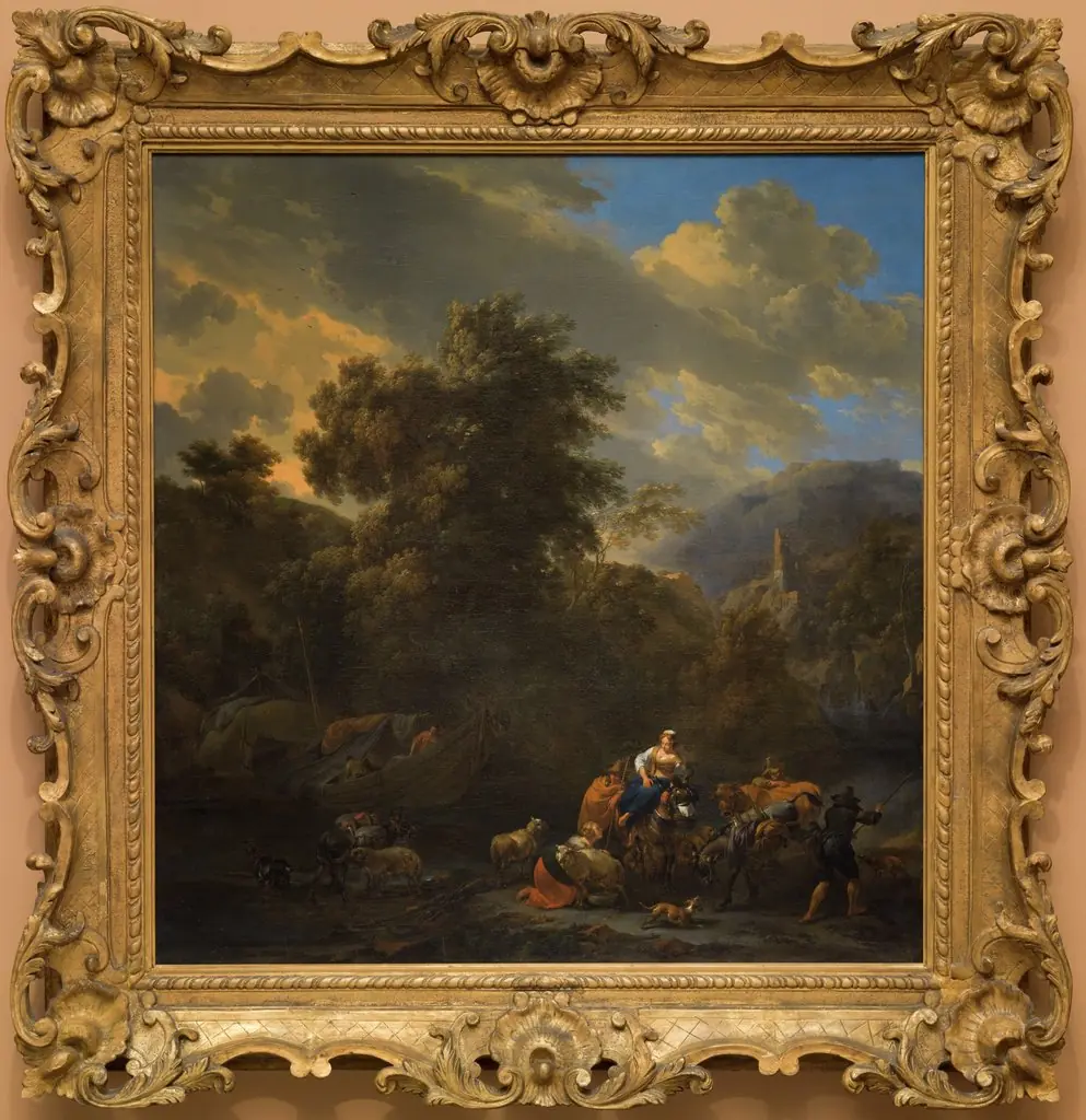 Italianate Landscape with Figures and Pack Animals on the Banks of a River, by Nicolaes Pieterszoon Berchem