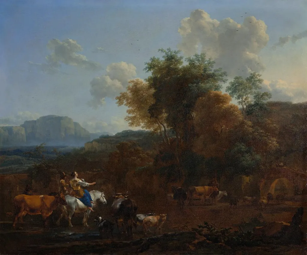 Italienische Landschaft mit musizierenden Hirten und ziehender Herde, by Nicolaes Pieterszoon Berchem, oil, 1662