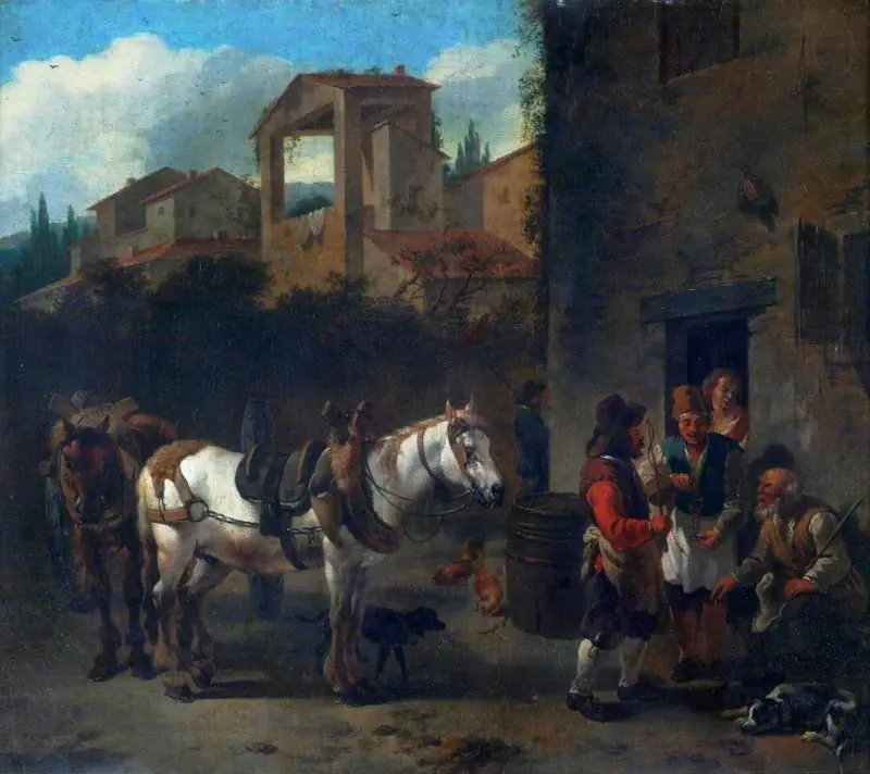 Landscape with a Wagon and Horses at an Inn Door, by Nicolaes Pieterszoon Berchem