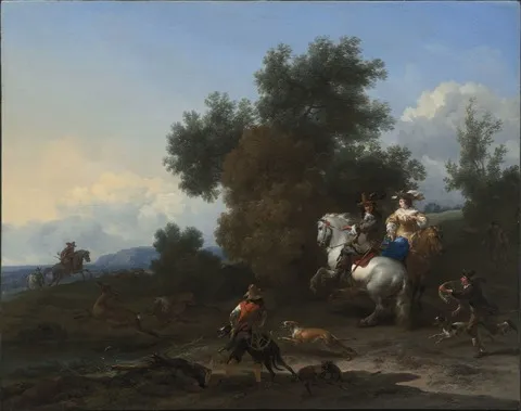 Landscape with an Elegant Hunting Party on a Stag Hunt, by Nicolaes Pieterszoon Berchem, oil, 1660