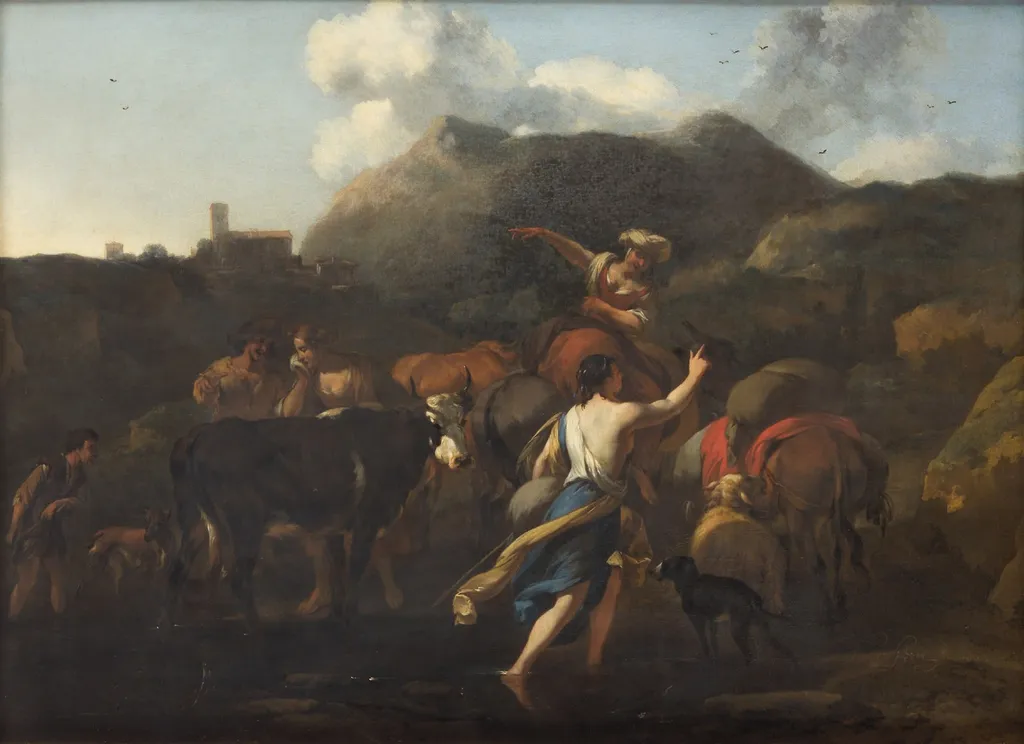 Landscape with shepherds and cattle, by Nicolaes Pieterszoon Berchem, oil