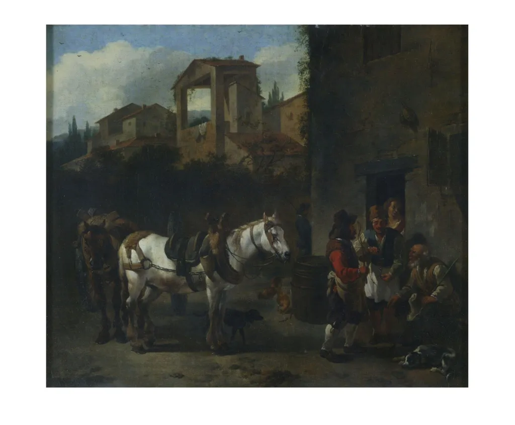 Landscape with wagon and horses at inn door, by Nicolaes Pieterszoon Berchem, oil