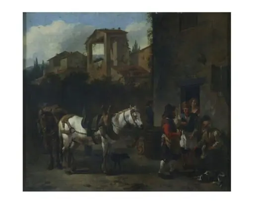 Landscape with wagon and horses at inn door, by Nicolaes Pieterszoon Berchem